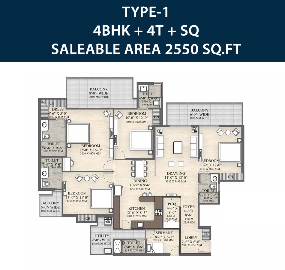 4 BHK + Servant Floor Plan